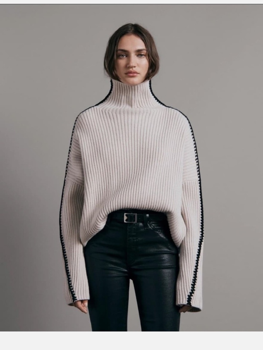 rag & bone Cream Ribbed Turtleneck Sweater with Black Trim